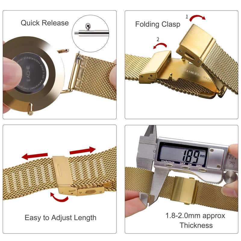 EACHE 18mm Gold Stainless Steel Mesh Watch Band Quick Release Mesh Watch Straps 18mm Gold - Image 4